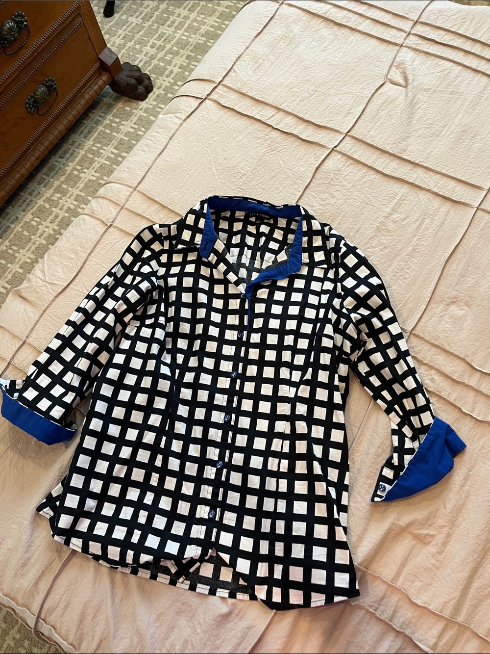 Zac & Rachel Black and White Grid Button-Down with Blue Trim